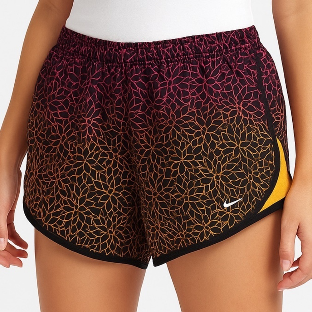 Nike Running Dri-FIT Tempo Shorts Black Orange Gradient Pattern Workout Size M